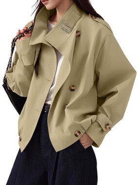 Women's Khaki Cropped Trench Coat Vintage Front Button Jacket with Pockets